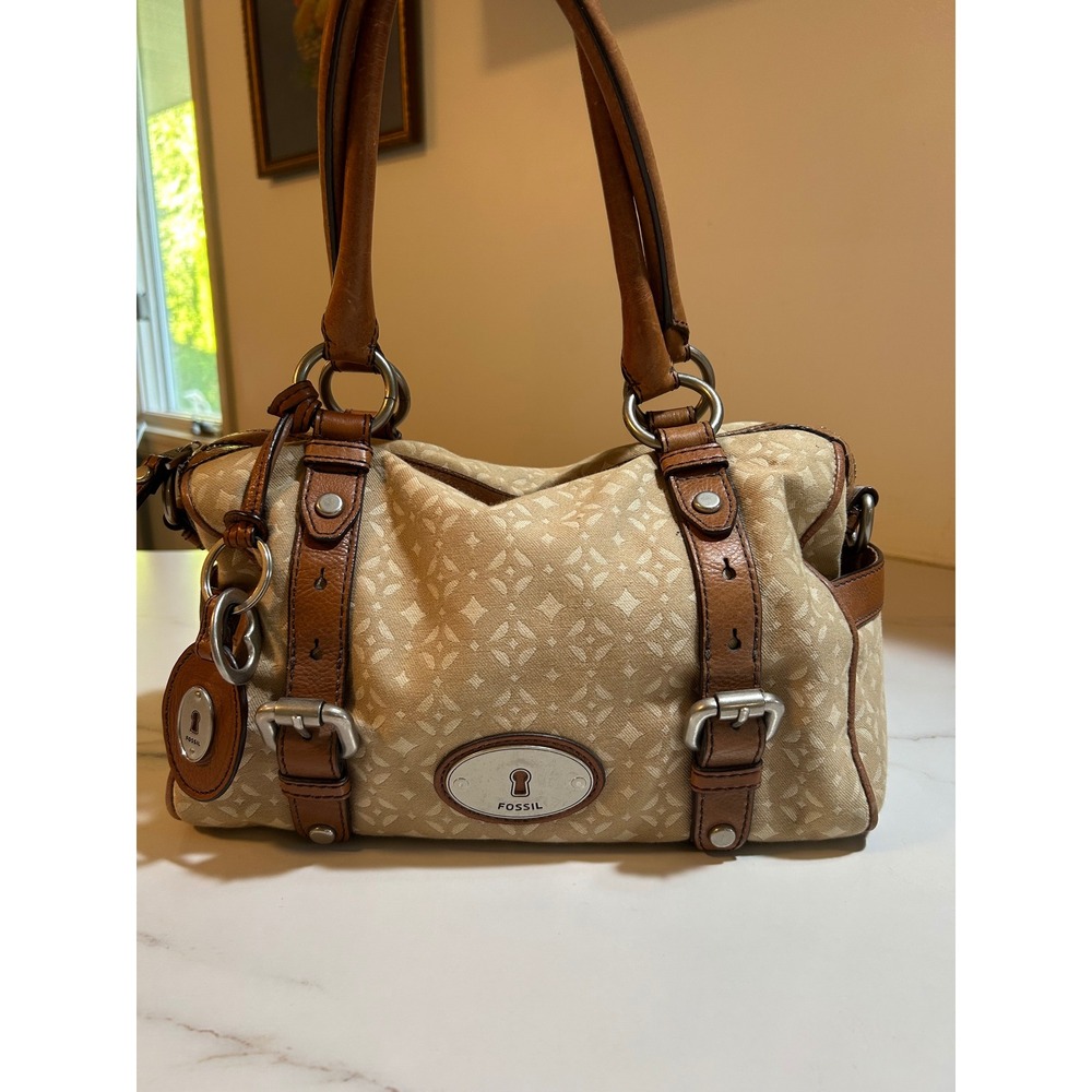 Fossil Monogram Canvas Leather Satchel Handbag Tan Brown Buckle Detail Bag